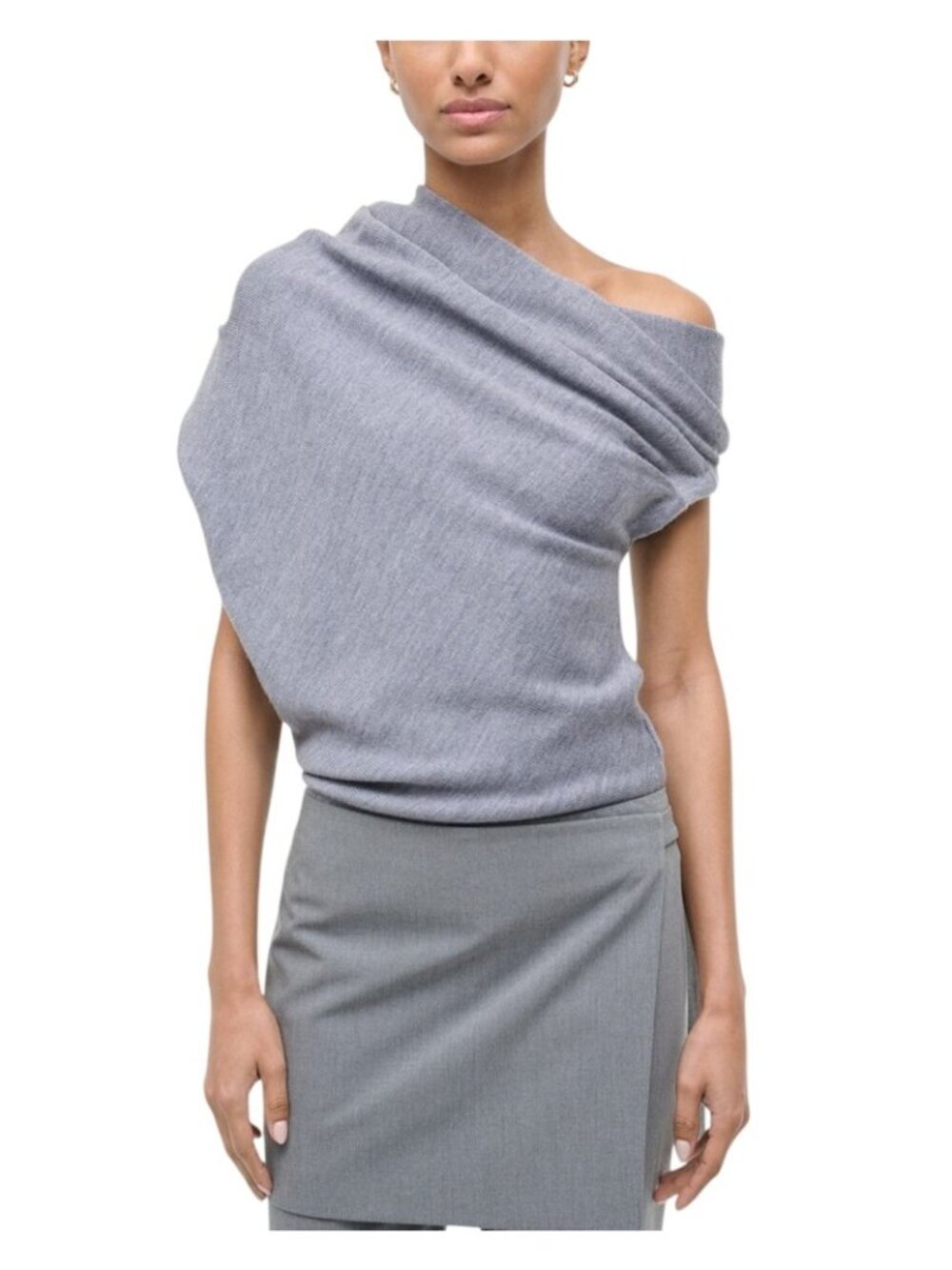NWT STAUD Mabel Asymmetric Merino Wool Sweater Heather Grey Small MSRP $345